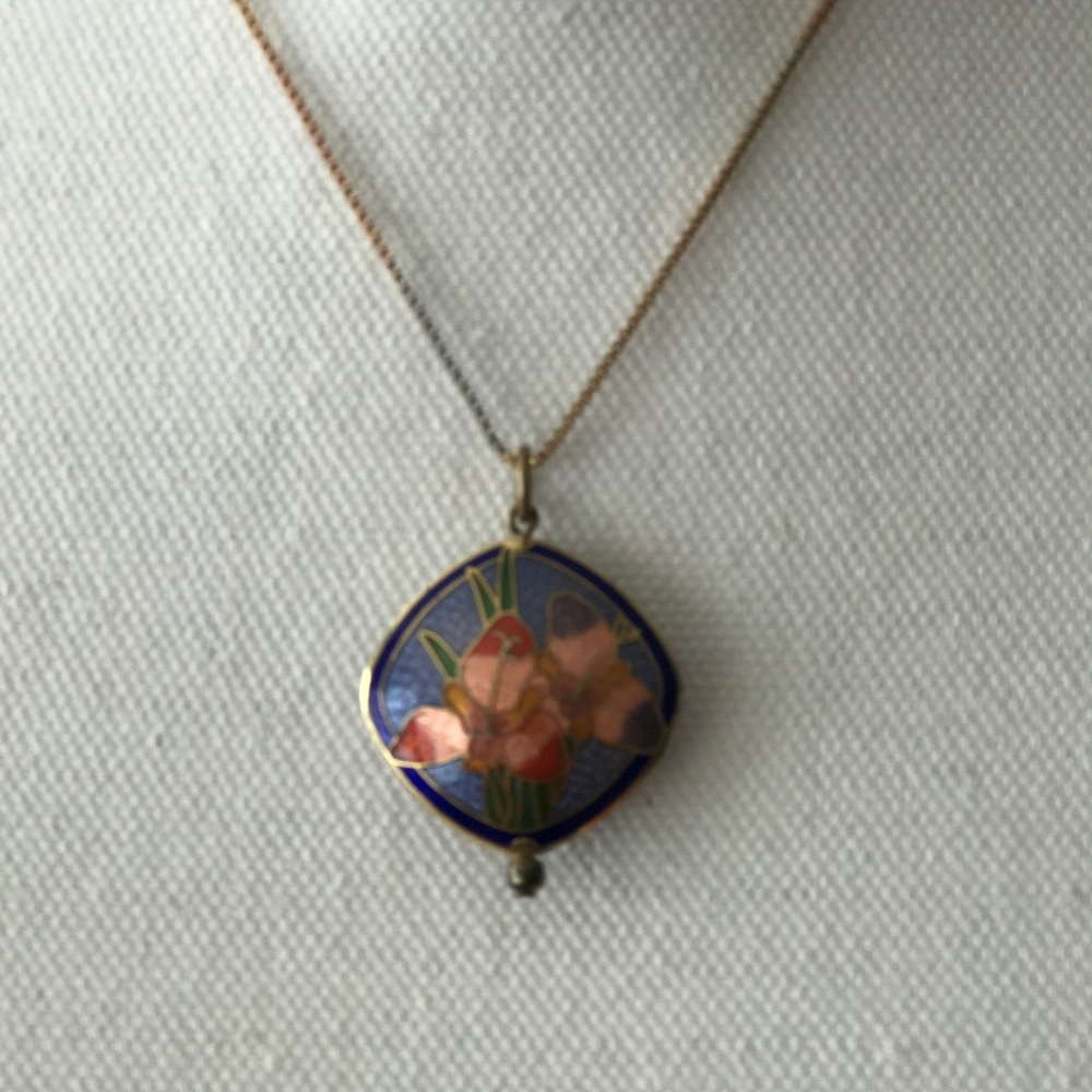 Blue iris cloustine enamel pendant gold chain